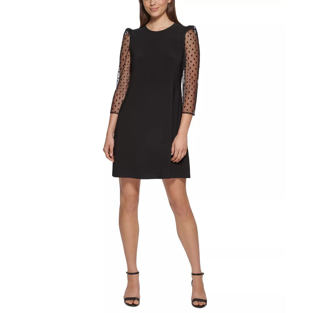 Jessica Howard Mesh Puff‎ Sleeve A Line Dress Black Women 14 NWT